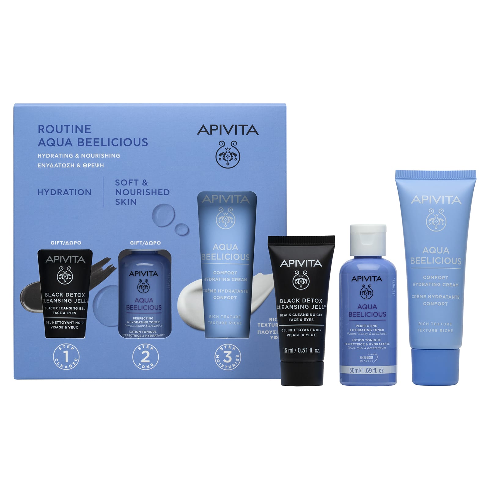 APIVITA - PROMO PACK AQUA BEELICIOUS Κρέμα Ενυδάτωσης Πλούσιας Υφής - 40ml ΜΕ ΔΩΡΟ Λοσιόν Ενυδάτωσης - 50ml & Μαύρο Gel Καθαρισμού - 15ml